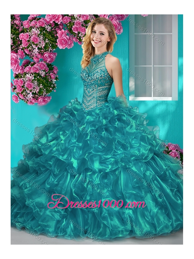 Beautiful Halter Top Beaded and Ruffled Quinceanera Dress in Royal Blue