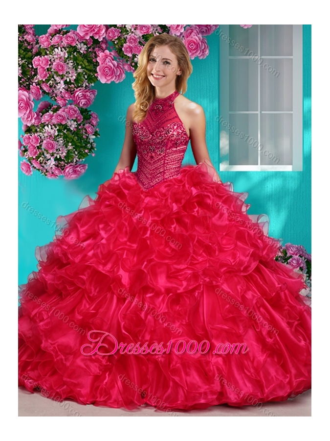 Beautiful Halter Top Beaded and Ruffled Quinceanera Dress in Royal Blue