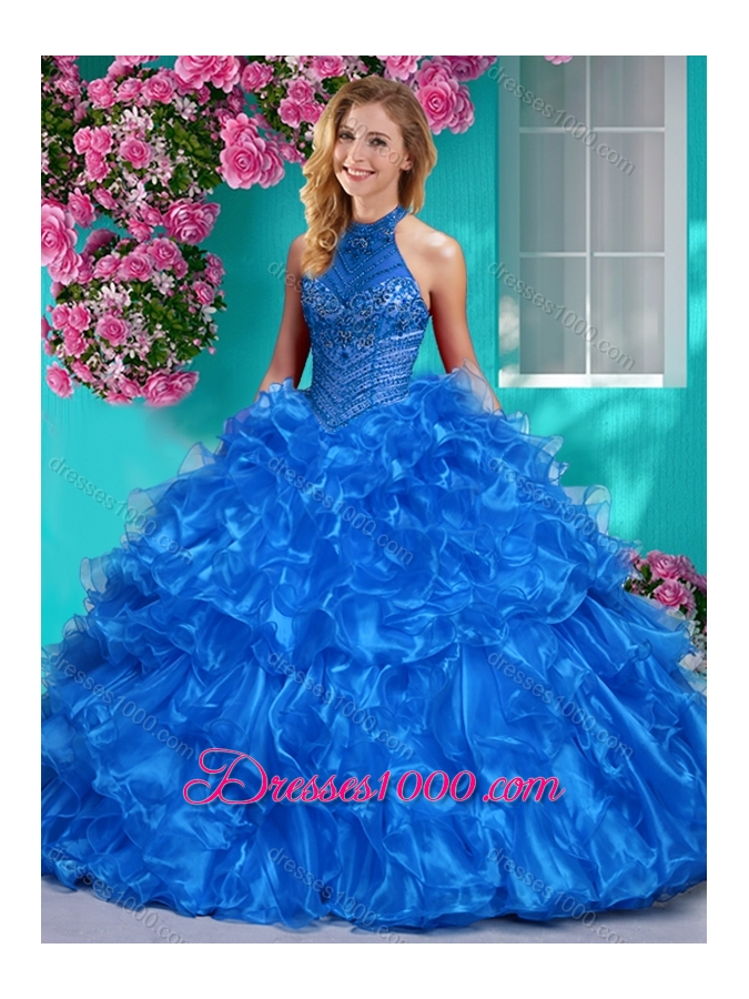 Beautiful Halter Top Beaded and Ruffled Quinceanera Dress in Royal Blue