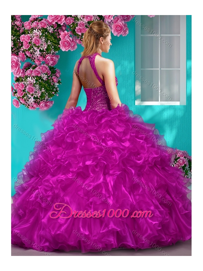 Beautiful Halter Top Beaded and Ruffled Quinceanera Dress in Royal Blue