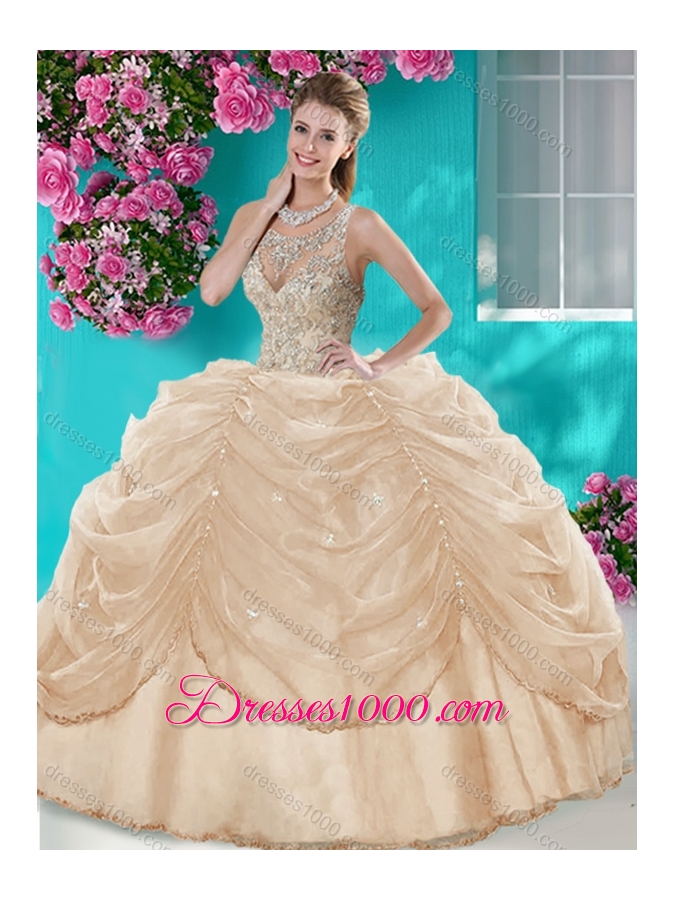 Classical Big Puffy Champagne Quinceanera Dress with Beading and Bubbles