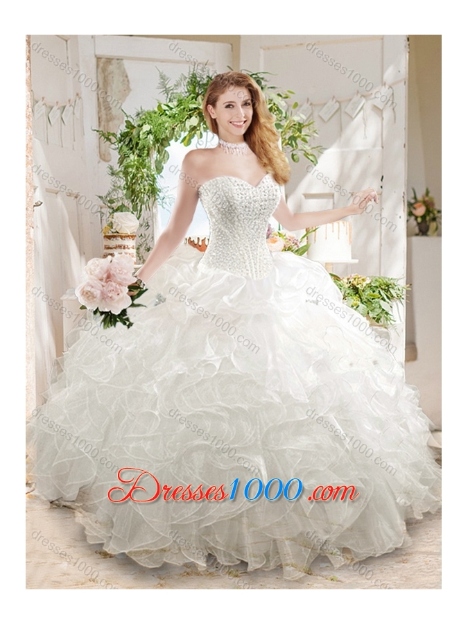 Discount Ball Gown Sweetheart White Quinceanera Dress with Beading and Ruffled