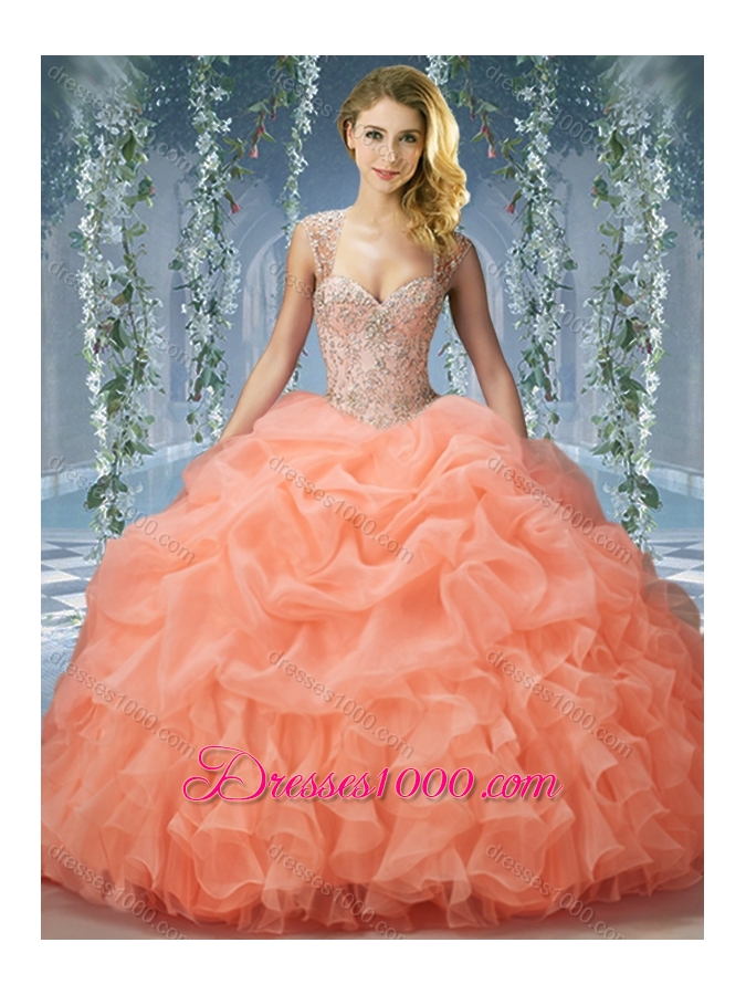 Elegant Brush Train Big Puffy Sweet Fifteen Dresses with Beading and Ruffles