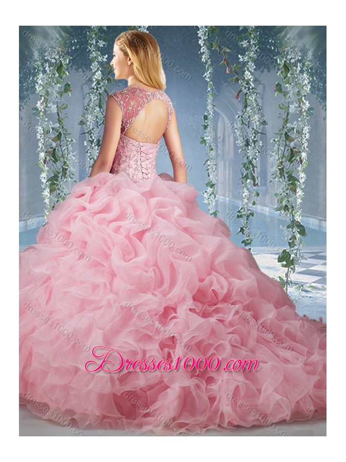 Elegant Brush Train Big Puffy Sweet Fifteen Dresses with Beading and Ruffles