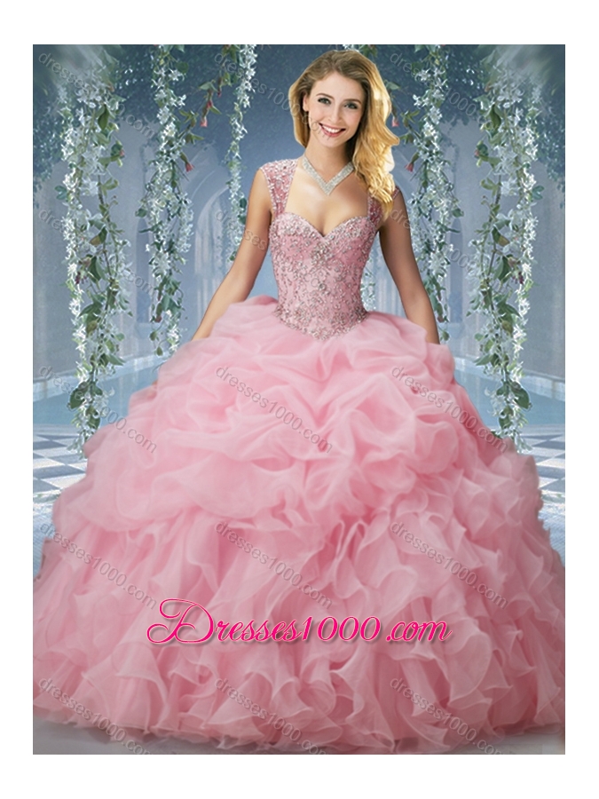 Elegant Brush Train Big Puffy Sweet Fifteen Dresses with Beading and Ruffles