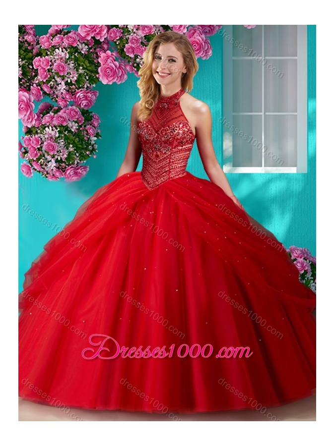 Elegant Halter Top Beaded and Applique Sweet Fifteen Dresses in Orange Red