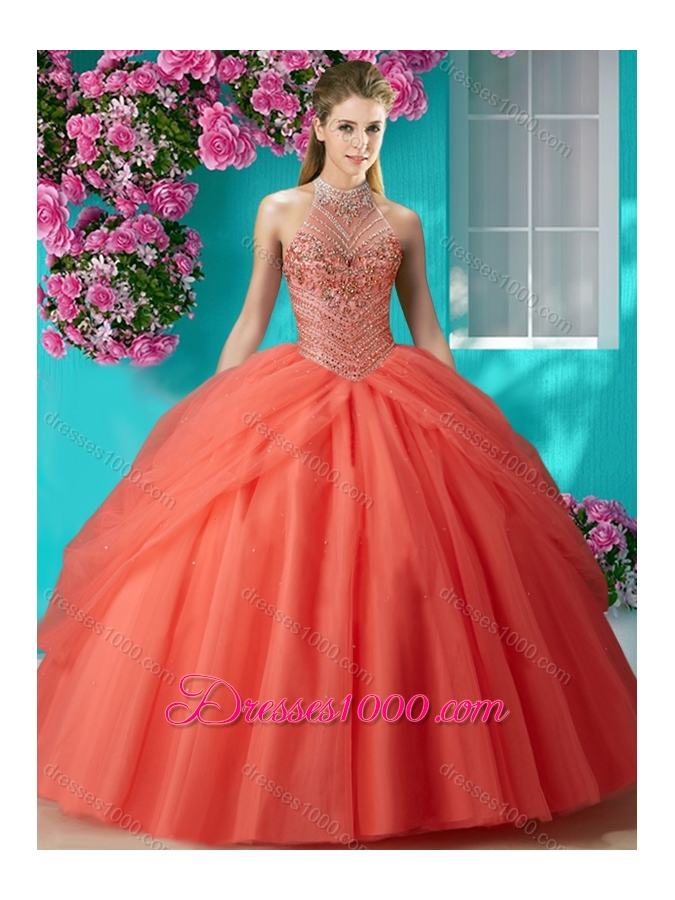 Elegant Halter Top Beaded and Applique Sweet Fifteen Dresses in Orange Red