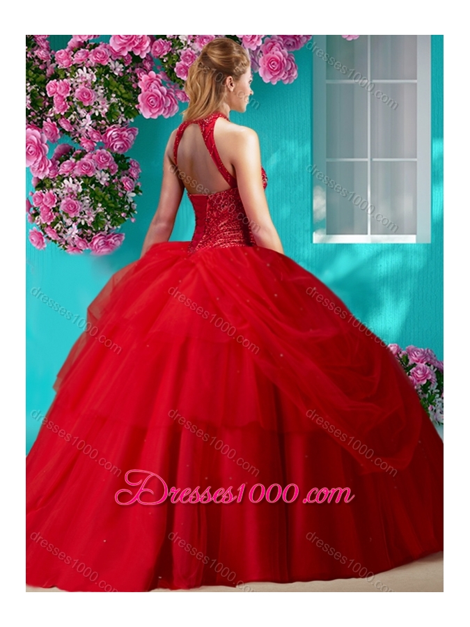 Elegant Halter Top Beaded and Applique Sweet Fifteen Dresses in Orange Red