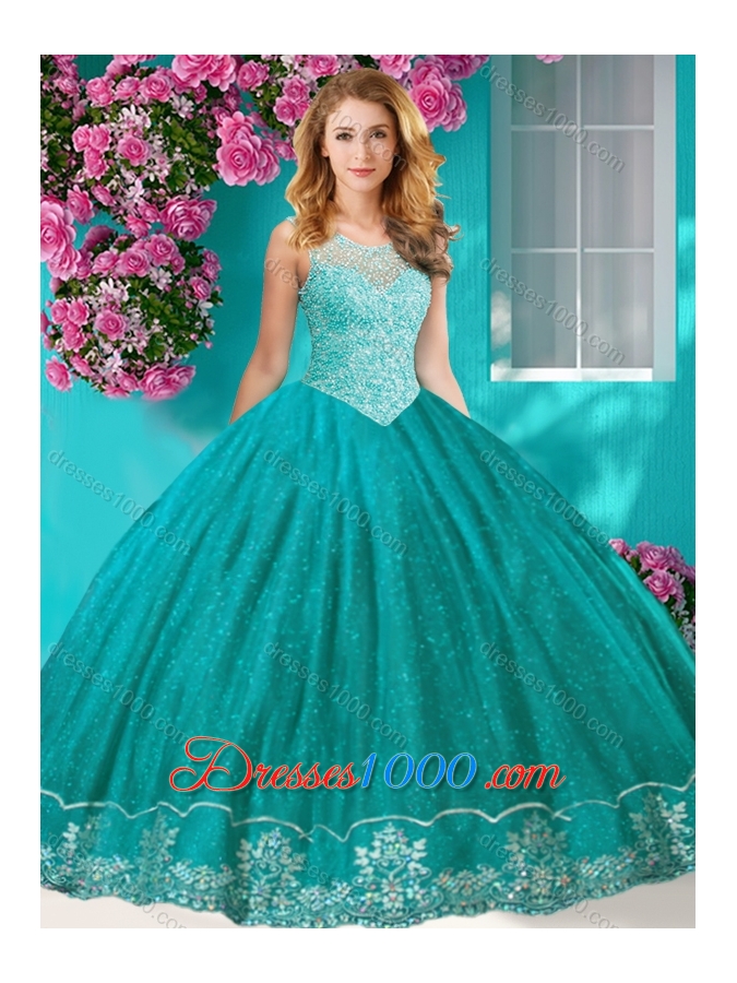 Fashionable See Through Scoop Quinceanera Dress with Beading and Appliques