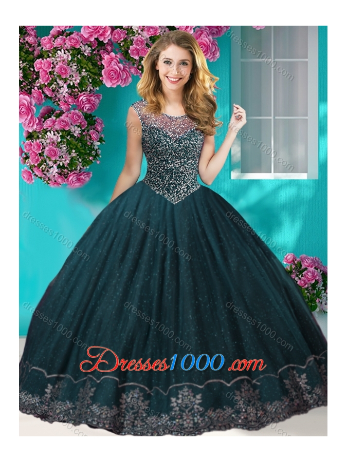 Fashionable See Through Scoop Quinceanera Dress with Beading and Appliques