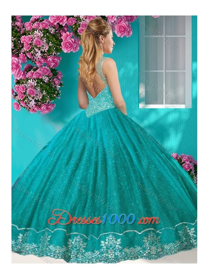 Fashionable See Through Scoop Quinceanera Dress with Beading and Appliques
