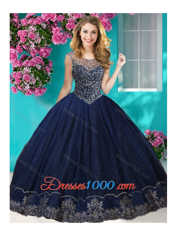 Fashionable See Through Scoop Quinceanera Dress with Beading and Appliques
