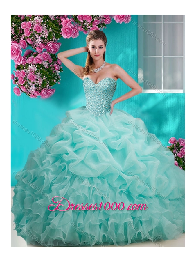 Flirting Brush Train Really Puffy Sweet Fifteen Dresses with Beading and Ruffles
