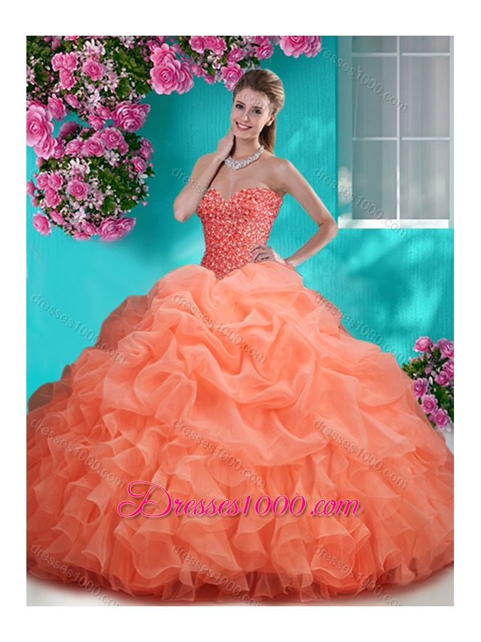 Flirting Brush Train Really Puffy Sweet Fifteen Dresses with Beading and Ruffles