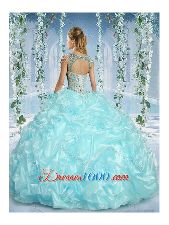Gorgeous Cap Sleeves Beaded Light Blue Sweet Fifteen Dresses with Deep V Neck