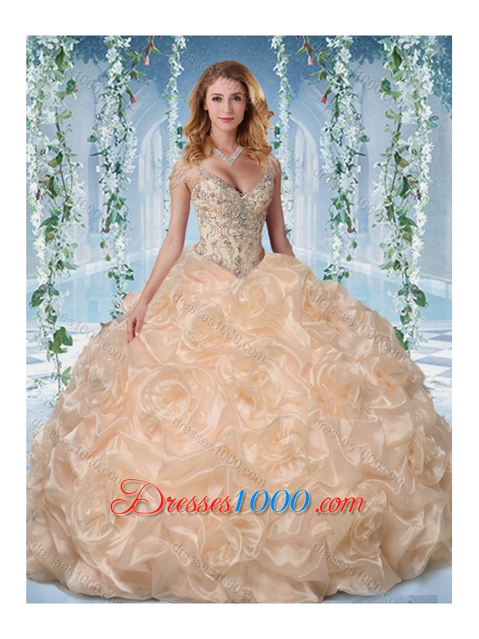 Gorgeous Cap Sleeves Beaded Light Blue Sweet Fifteen Dresses with Deep V Neck