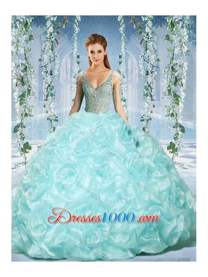 Gorgeous Cap Sleeves Beaded Light Blue Sweet Fifteen Dresses with Deep V Neck