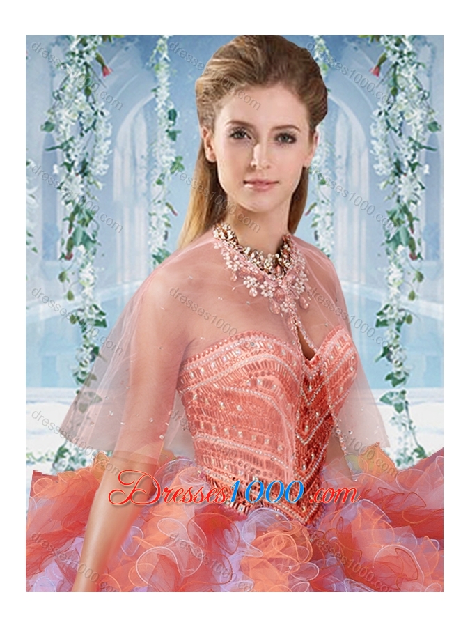 Gorgeous Rainbow Colored Big Puffy Sweet Fifteen Dresses with Beading and Ruffles