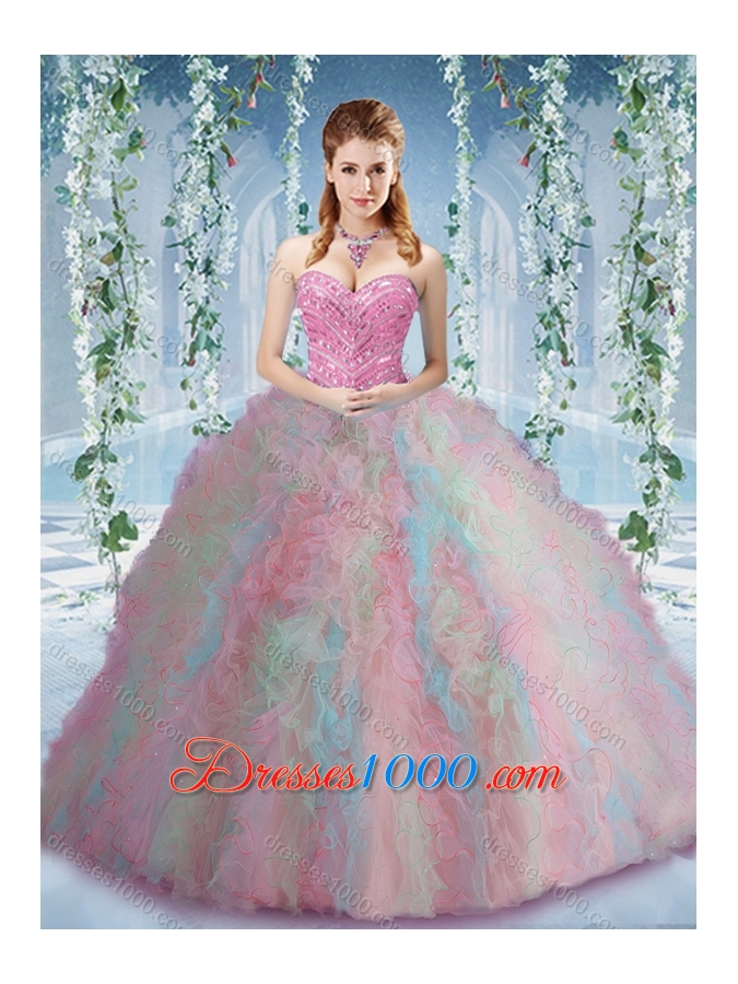 Gorgeous Rainbow Colored Big Puffy Sweet Fifteen Dresses with Beading and Ruffles