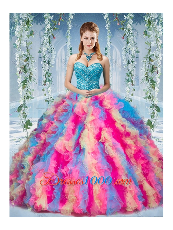 Gorgeous Rainbow Colored Big Puffy Sweet Fifteen Dresses with Beading and Ruffles