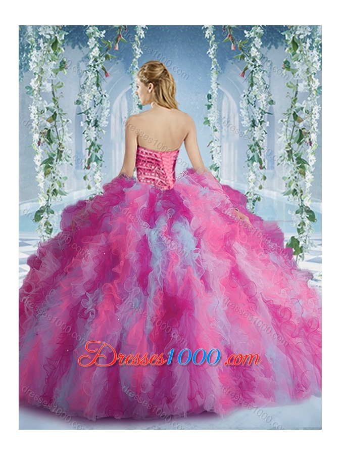 Gorgeous Rainbow Colored Big Puffy Sweet Fifteen Dresses with Beading and Ruffles