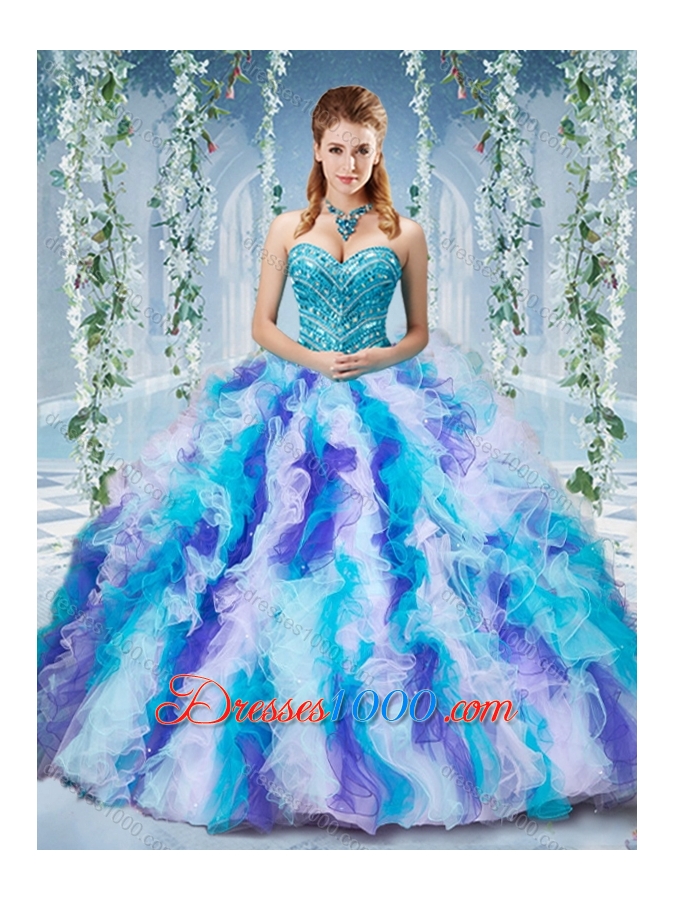 Gorgeous Rainbow Colored Big Puffy Sweet Fifteen Dresses with Beading and Ruffles