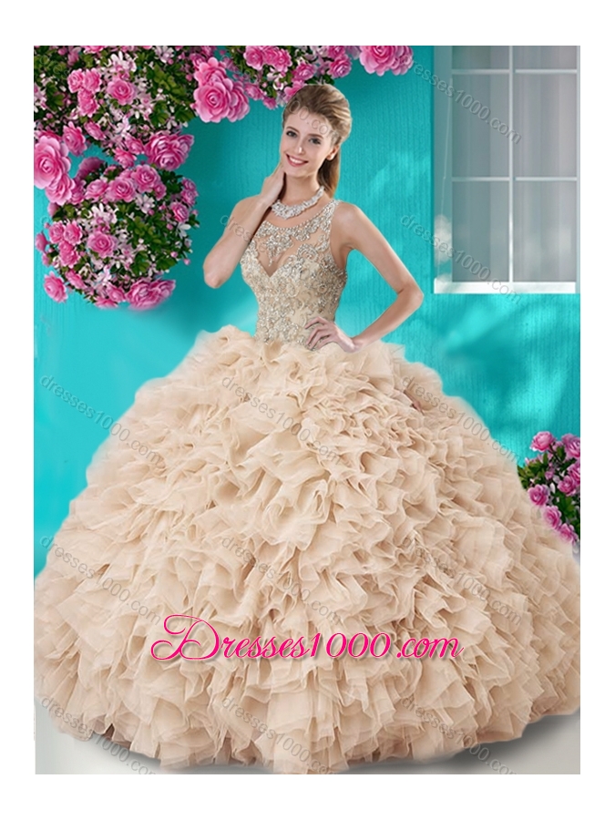 Gorgeous See Through Beaded Scoop Sweet Fifteen Dresses in Champagne