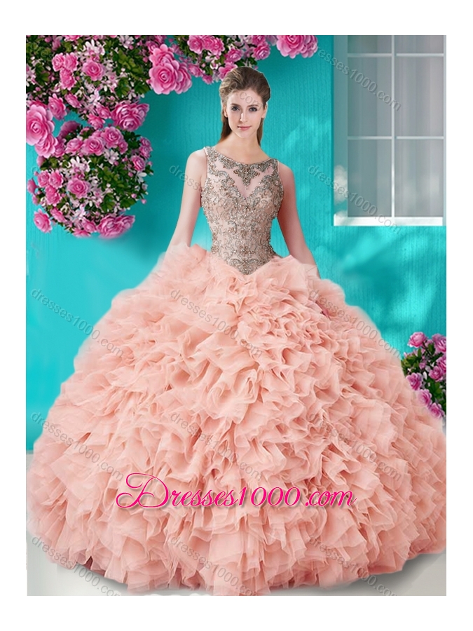 Gorgeous See Through Beaded Scoop Sweet Fifteen Dresses in Champagne