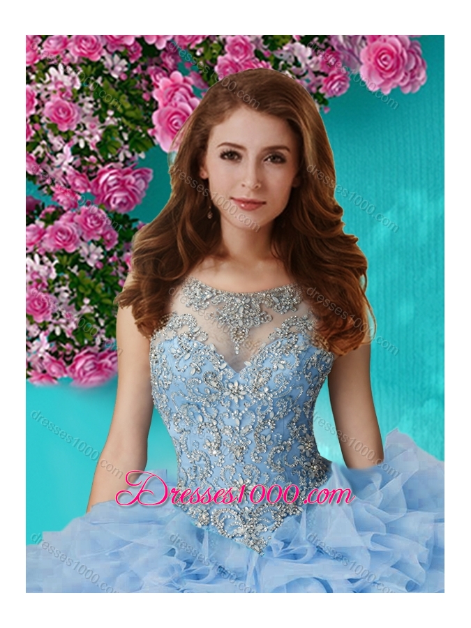 Gorgeous See Through Beaded Scoop Sweet Fifteen Dresses in Champagne