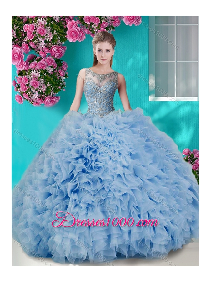 Gorgeous See Through Beaded Scoop Sweet Fifteen Dresses in Champagne