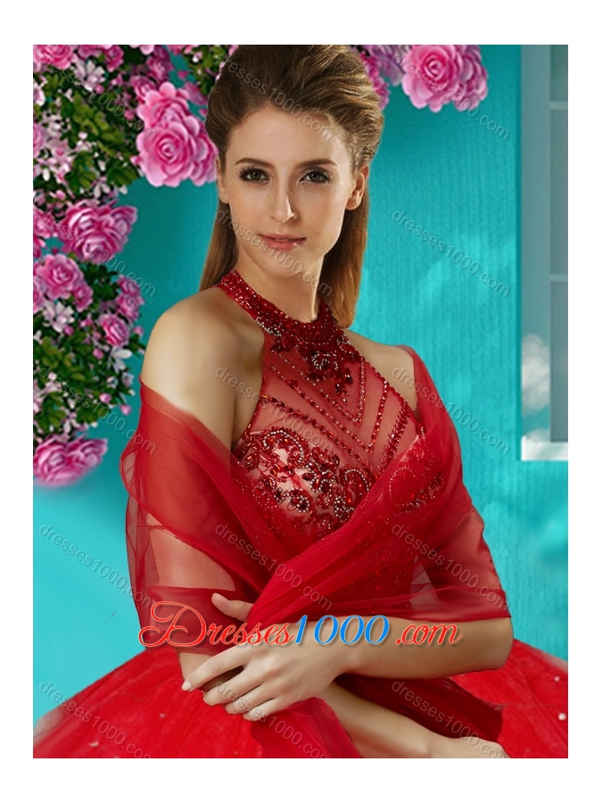 Luxurious See Through Halter Top Sweet Fifteen Dress with Beading and Appliques