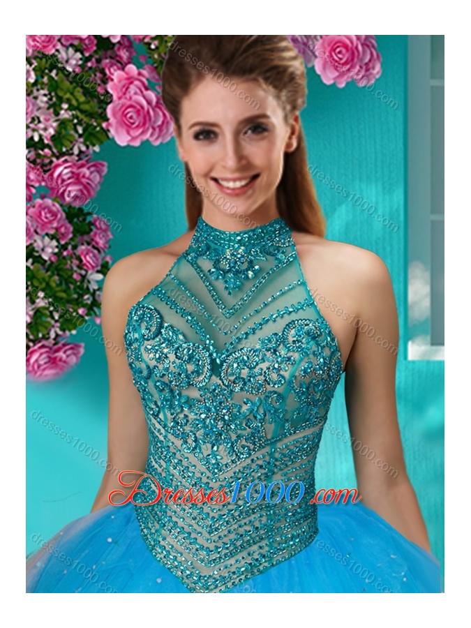 Luxurious See Through Halter Top Sweet Fifteen Dress with Beading and Appliques