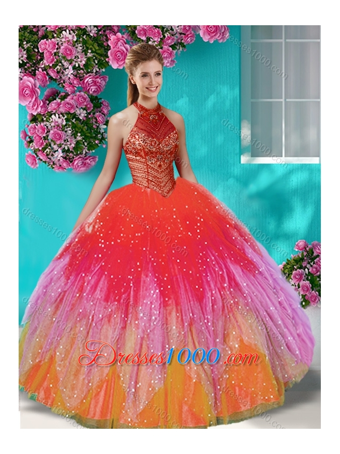 Luxurious See Through Halter Top Sweet Fifteen Dress with Beading and Appliques