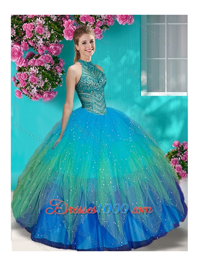 Luxurious See Through Halter Top Sweet Fifteen Dress with Beading and Appliques