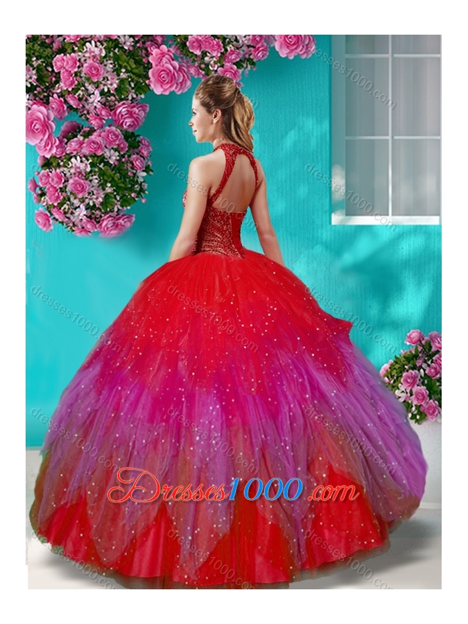 Luxurious See Through Halter Top Sweet Fifteen Dress with Beading and Appliques