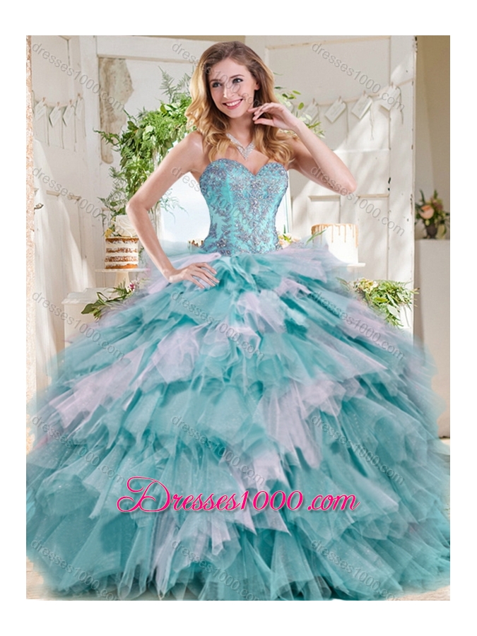 Popular Beaded and Ruffled Big Puffy Sweet 15 Dress in Blue and White
