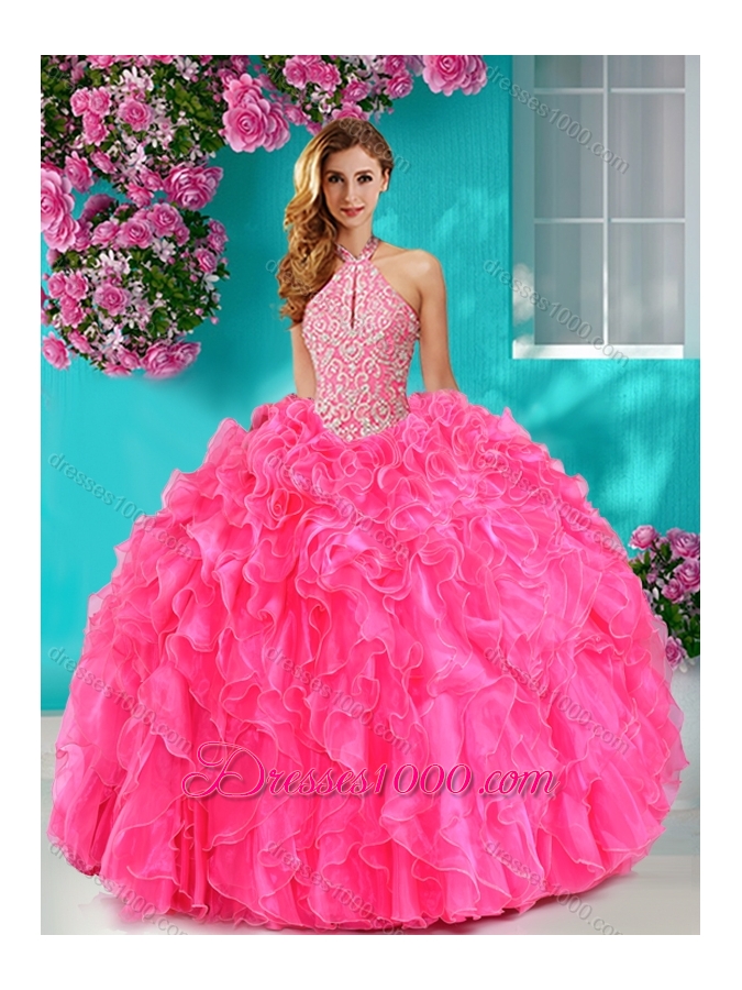 Pretty Beaded and Ruffled Big Puffy Sweet Fifteen Dresses with Halter Top