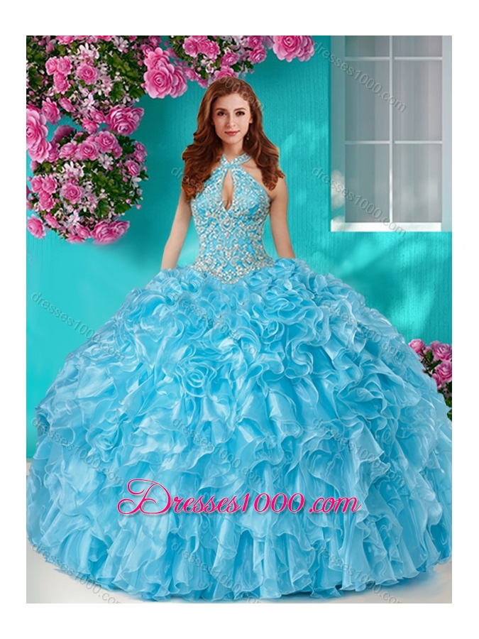 Pretty Beaded and Ruffled Big Puffy Sweet Fifteen Dresses with Halter Top
