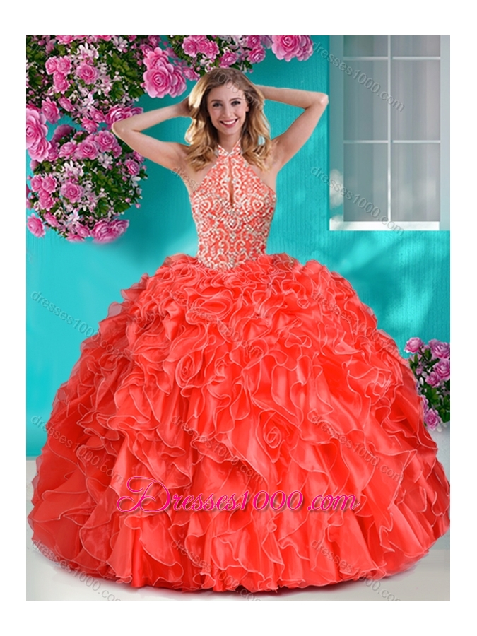 Pretty Beaded and Ruffled Big Puffy Sweet Fifteen Dresses with Halter Top