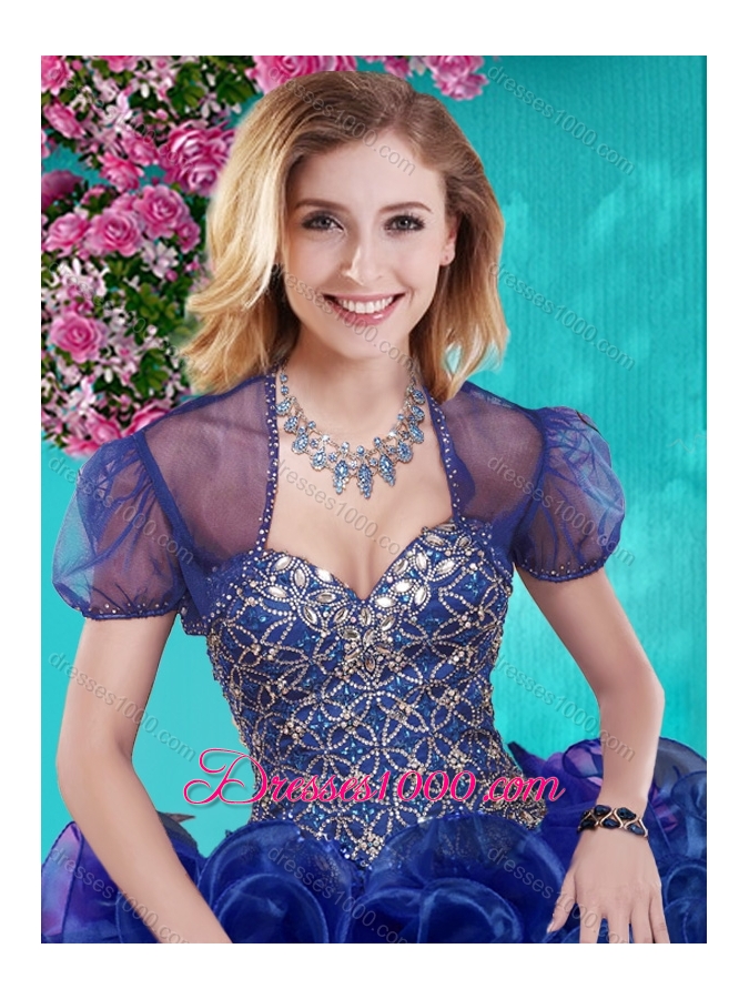 Really Puffy Ruffled and Rhinestoned Beaded Bodice Aqua Blue Quinceanera Gown with Removable Skirt Dress with Blue Beading