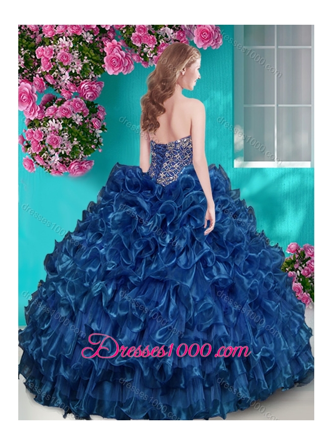 Really Puffy Ruffled and Rhinestoned Beaded Bodice Aqua Blue Quinceanera Gown with Removable Skirt Dress with Blue Beading