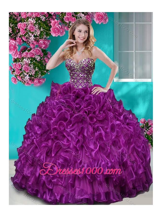 Really Puffy Ruffled and Rhinestoned Beaded Bodice Aqua Blue Quinceanera Gown with Removable Skirt Dress with Blue Beading