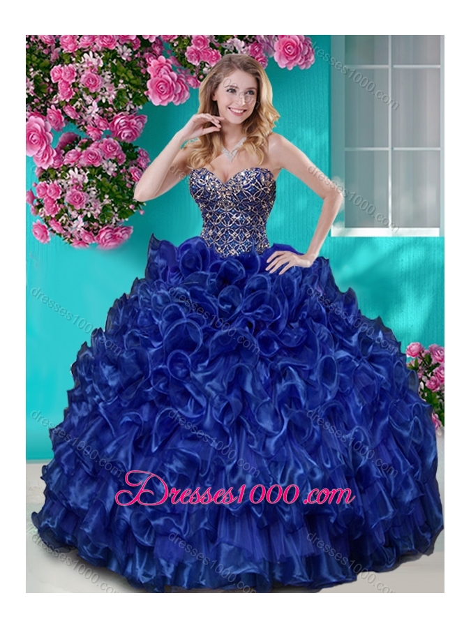 Really Puffy Ruffled and Rhinestoned Beaded Bodice Aqua Blue Quinceanera Gown with Removable Skirt Dress with Blue Beading