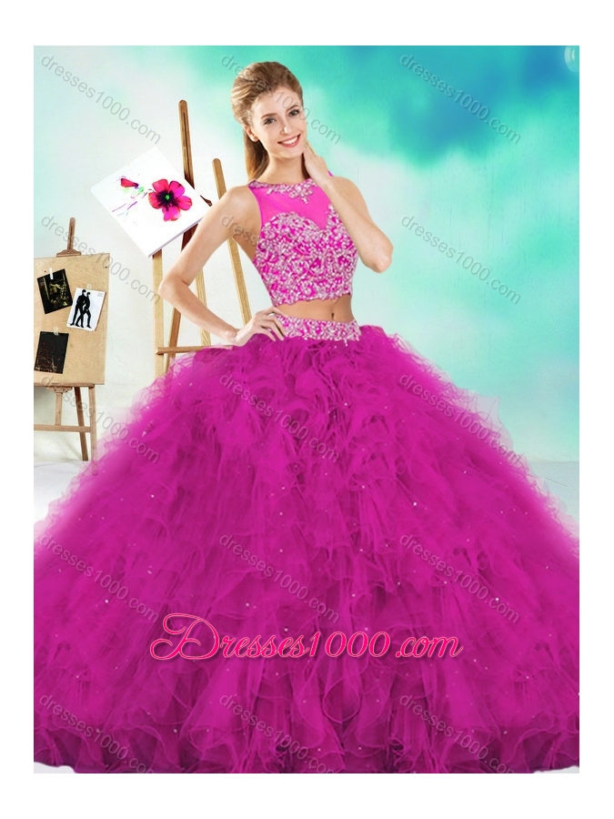 See Through Two Piece Red Quinceanera Dress with Beading and Ruffles