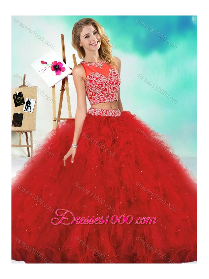 See Through Two Piece Red Quinceanera Dress with Beading and Ruffles