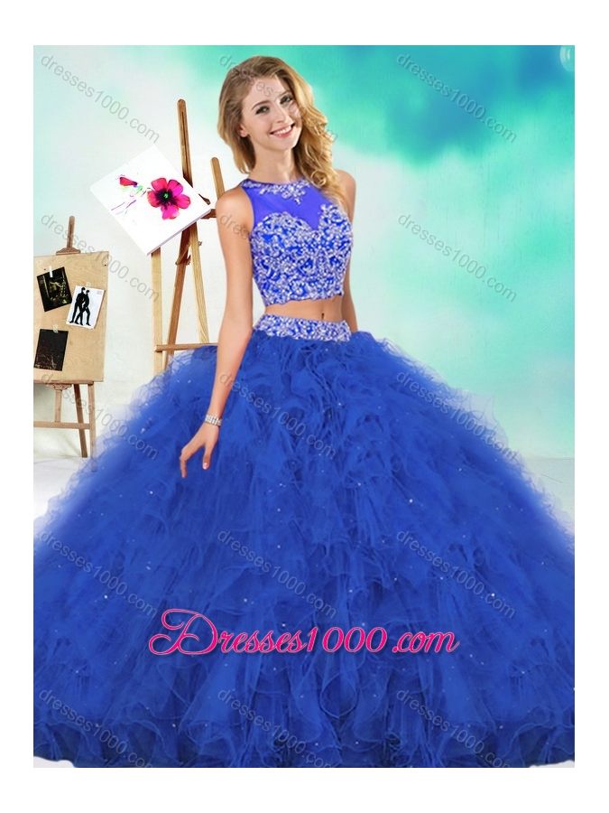 See Through Two Piece Red Quinceanera Dress with Beading and Ruffles