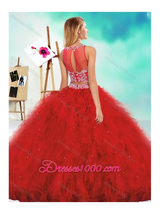 See Through Two Piece Red Quinceanera Dress with Beading and Ruffles