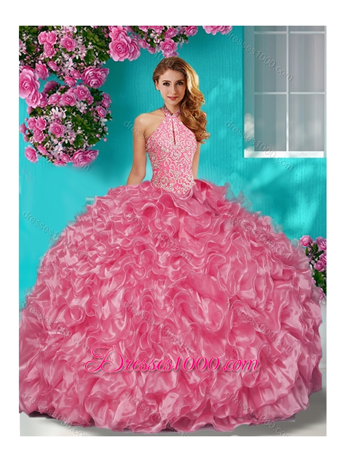 Sophisticated Halter Top Puffy Skirt Quinceanera Dress in Beading and Ruffles