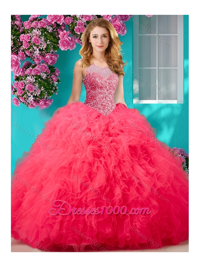 Sophisticated See Through Beaded Scoop Sweet 15 Dress with Ruffles