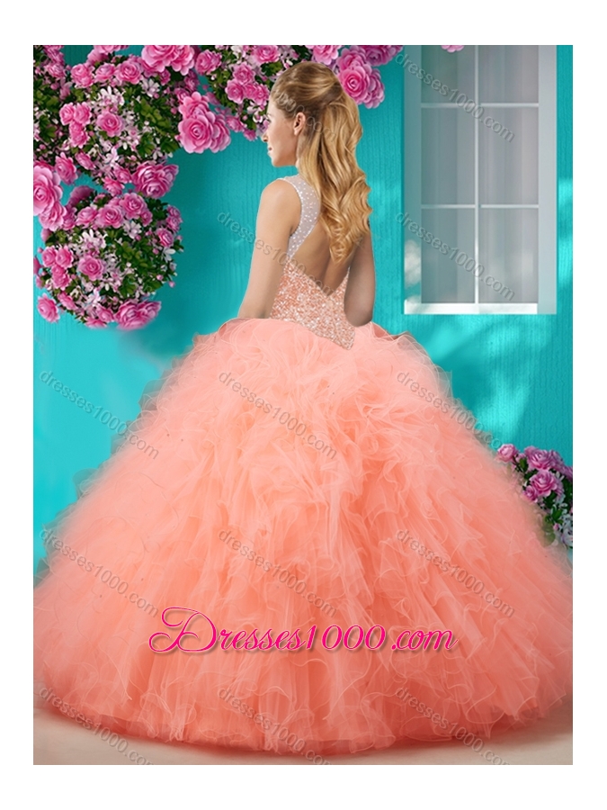 Sophisticated See Through Beaded Scoop Sweet 15 Dress with Ruffles